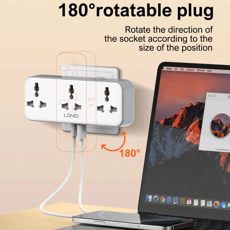 LDNIO Plug Expansion Socket SC3317 3 AC Outlets 2 USB Ports 30W Fast Charging 2500W Power