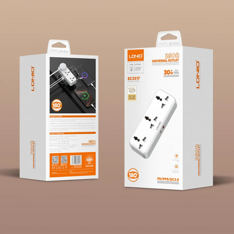 LDNIO Plug Expansion Socket SC3317 3 AC Outlets 2 USB Ports 30W Fast Charging 2500W Power