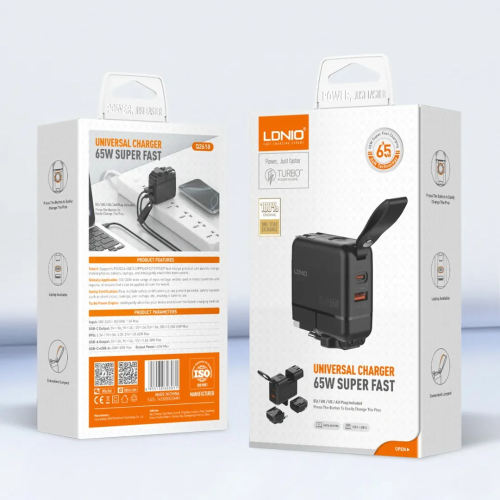 LDNIO Universal Charger GaN 65W EU/UK/US/AU Plug -Q2618