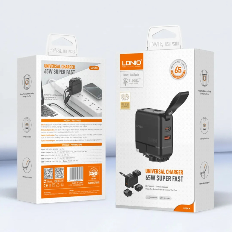 LDNIO Universal Charger GaN 65W EU/UK/US/AU Plug -Q2618
