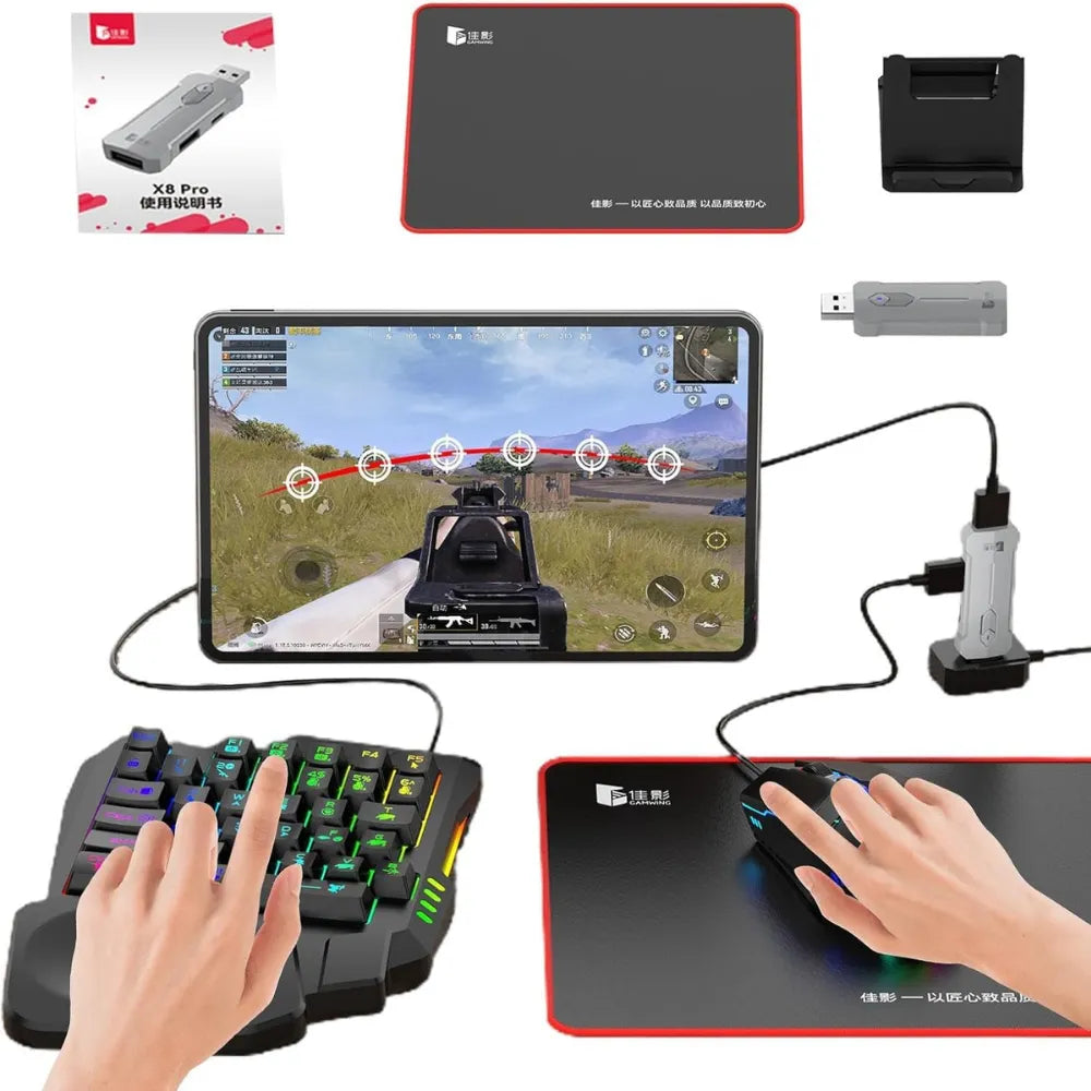 5-in-1 Mobile Gaming Combo, Half Hand Gaming Keyboard, Mouse, Converter & Adjustable Phone Stand, Bluetooth No-Lag Gamepad Controller