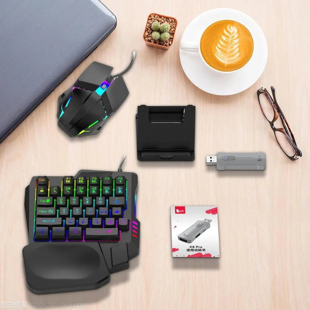 5-in-1 Mobile Gaming Combo, Half Hand Gaming Keyboard, Mouse, Converter & Adjustable Phone Stand, Bluetooth No-Lag Gamepad Controller