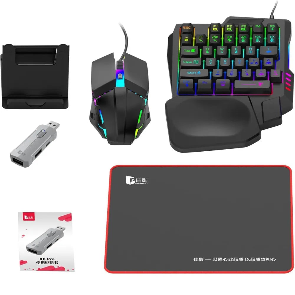 5-in-1 Mobile Gaming Combo, Half Hand Gaming Keyboard, Mouse, Converter & Adjustable Phone Stand, Bluetooth No-Lag Gamepad Controller