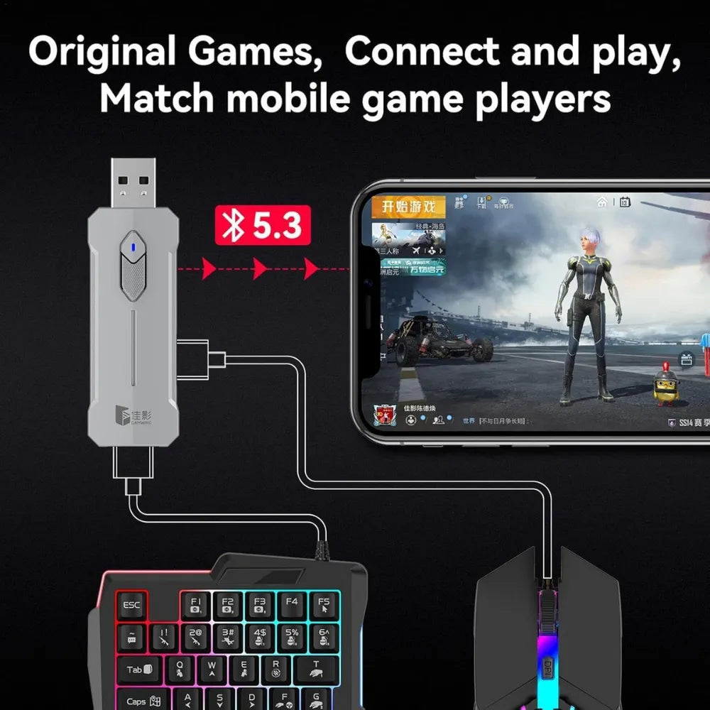 5-in-1 Mobile Gaming Combo, Half Hand Gaming Keyboard, Mouse, Converter & Adjustable Phone Stand, Bluetooth No-Lag Gamepad Controller