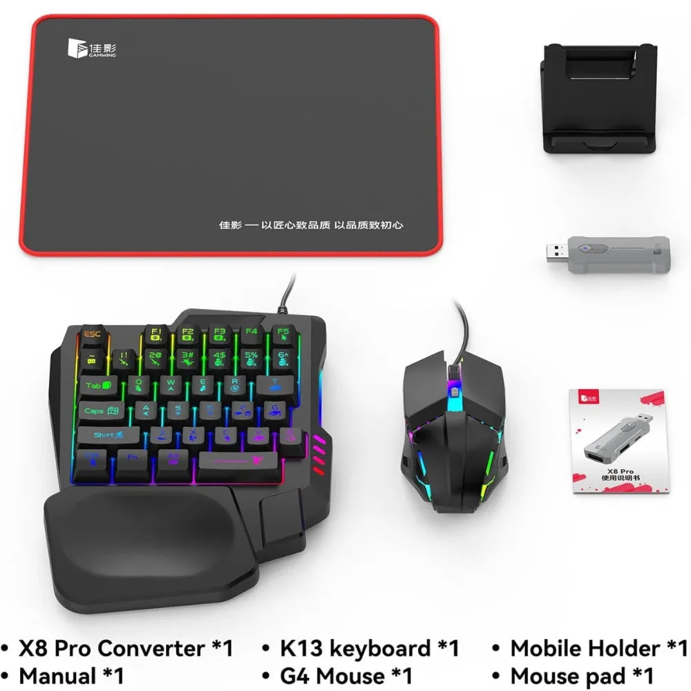 5-in-1 Mobile Gaming Combo, Half Hand Gaming Keyboard, Mouse, Converter & Adjustable Phone Stand, Bluetooth No-Lag Gamepad Controller