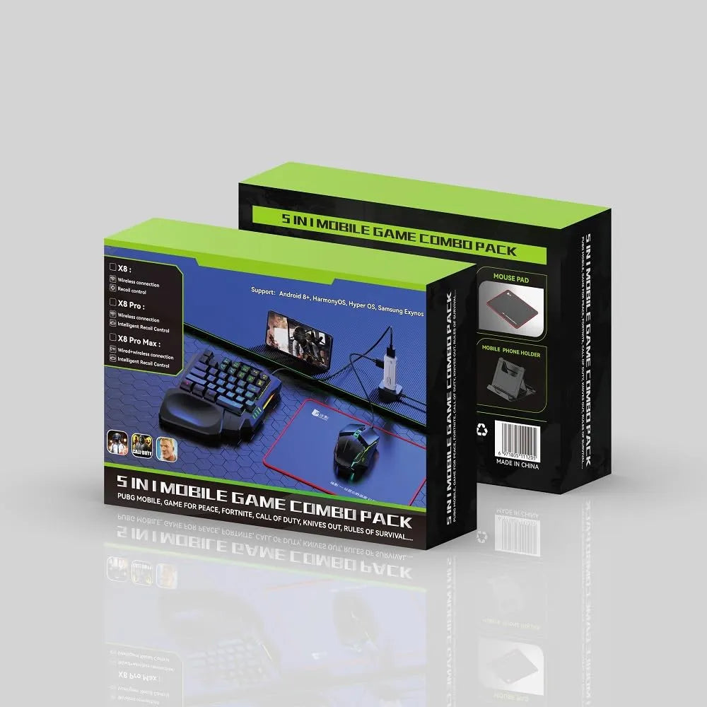 5-in-1 Mobile Gaming Combo, Half Hand Gaming Keyboard, Mouse, Converter & Adjustable Phone Stand, Bluetooth No-Lag Gamepad Controller