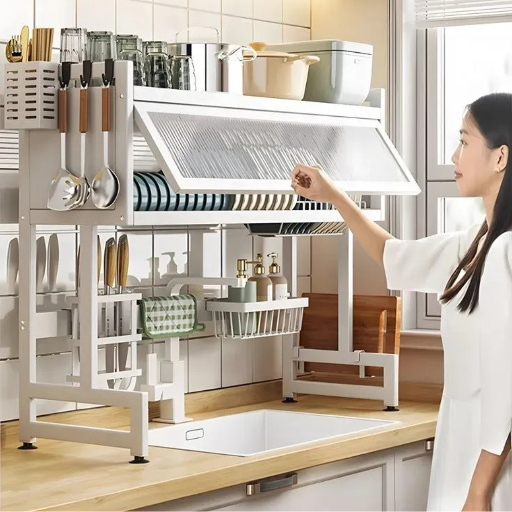 Over-Sink Kitchen Rack, 2-Tier Stainless Steel Draining Rack for Dishes, Mugs, Knives & Detergents – 85x29x10.5cm- white