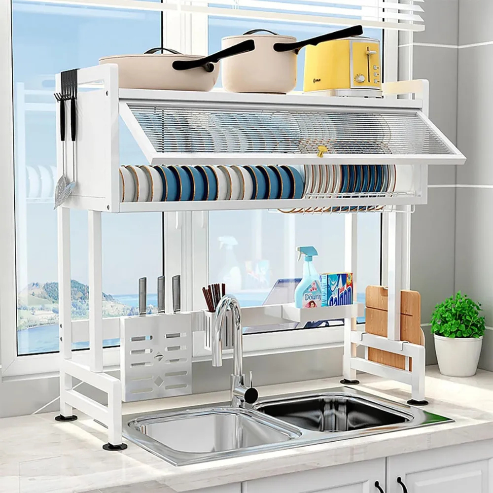 Over-Sink Kitchen Rack, 2-Tier Stainless Steel Draining Rack for Dishes, Mugs, Knives & Detergents – 85x29x10.5cm- white