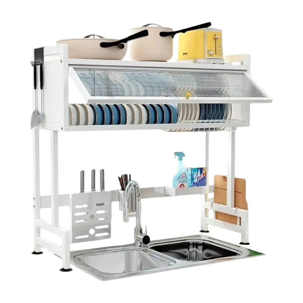 Over-Sink Kitchen Rack, 2-Tier Stainless Steel Draining Rack for Dishes, Mugs, Knives & Detergents – 85x29x10.5cm- white
