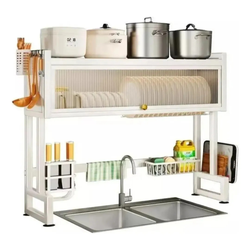 Over-Sink Kitchen Rack, 2-Tier Stainless Steel Draining Rack for Dishes, Mugs, Knives & Detergents – 85x29x10.5cm- white
