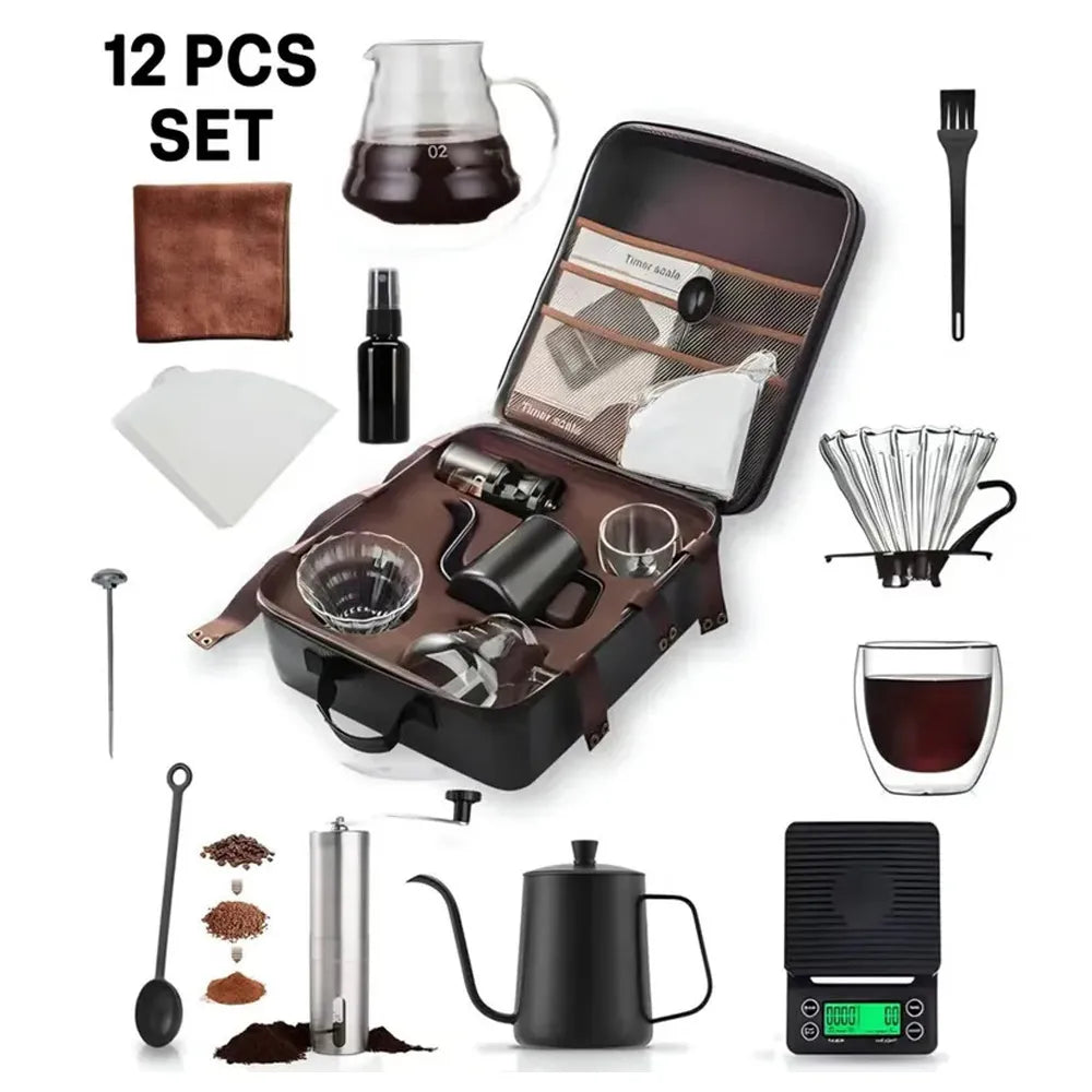 V60 Coffee Kit  12-Piece Portable Brewing Set with 600ml Stainless Steel Kettle, Glass Server & Manual Grinder