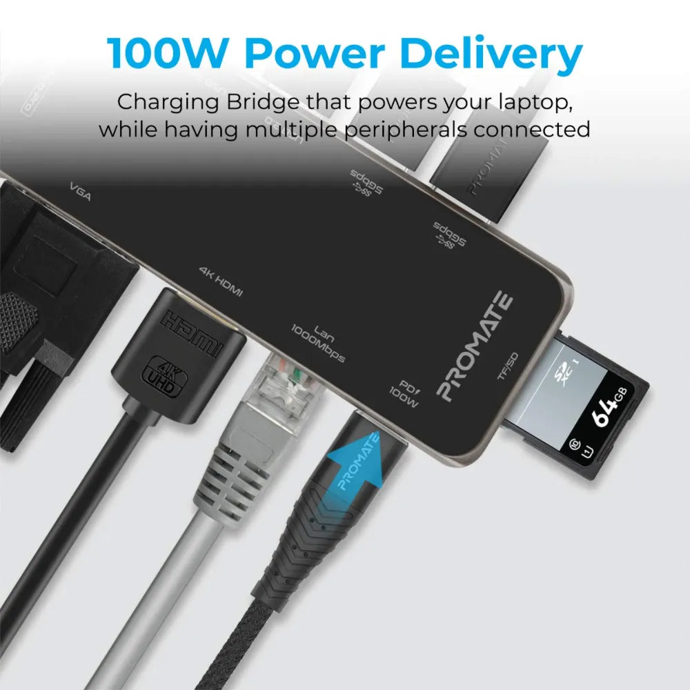 Promate Ultra-Fast Multiport Hub Includes USB-C, USB 3.0, USB 2.0, HDMI, VGA, and Ethernet 100W