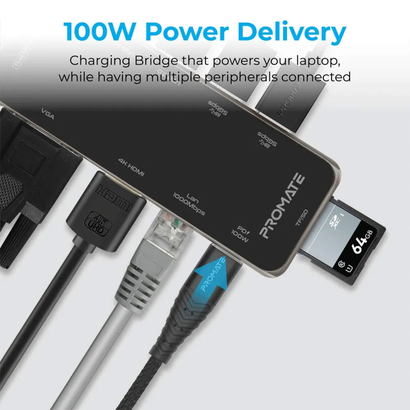Promate Ultra-Fast Multiport Hub Includes USB-C, USB 3.0, USB 2.0, HDMI, VGA, and Ethernet 100W