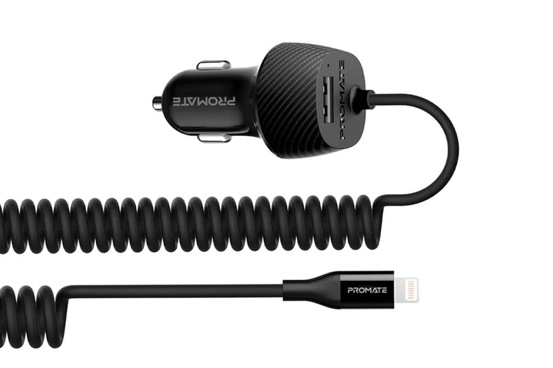 Promate 3.4A Car Charger with Lightning Coiled Cable