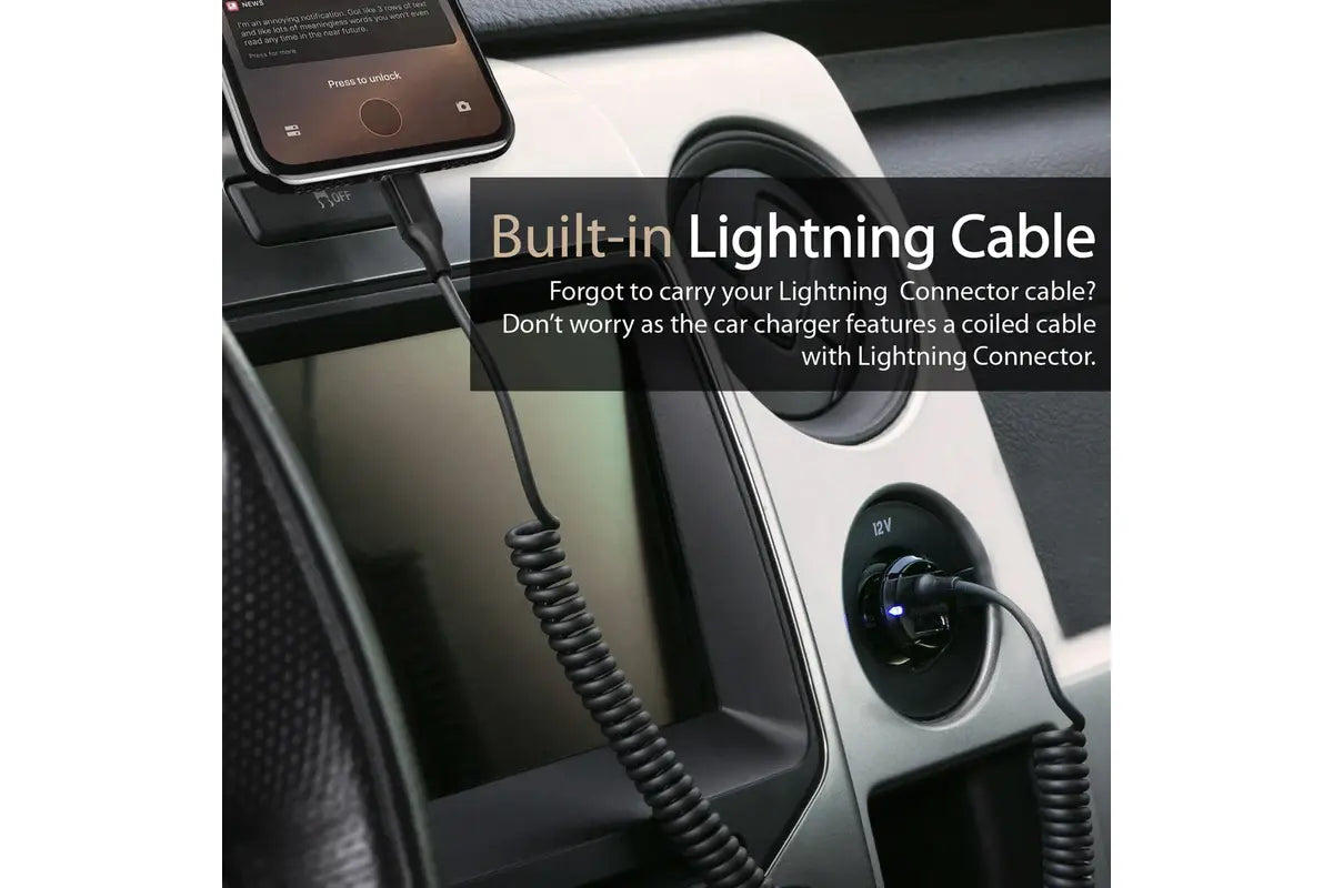 Promate 3.4A Car Charger with Lightning Coiled Cable