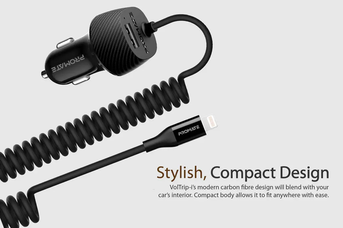 Promate 3.4A Car Charger with Lightning Coiled Cable
