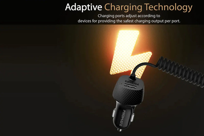 Promate 3.4A Car Charger with Lightning Coiled Cable