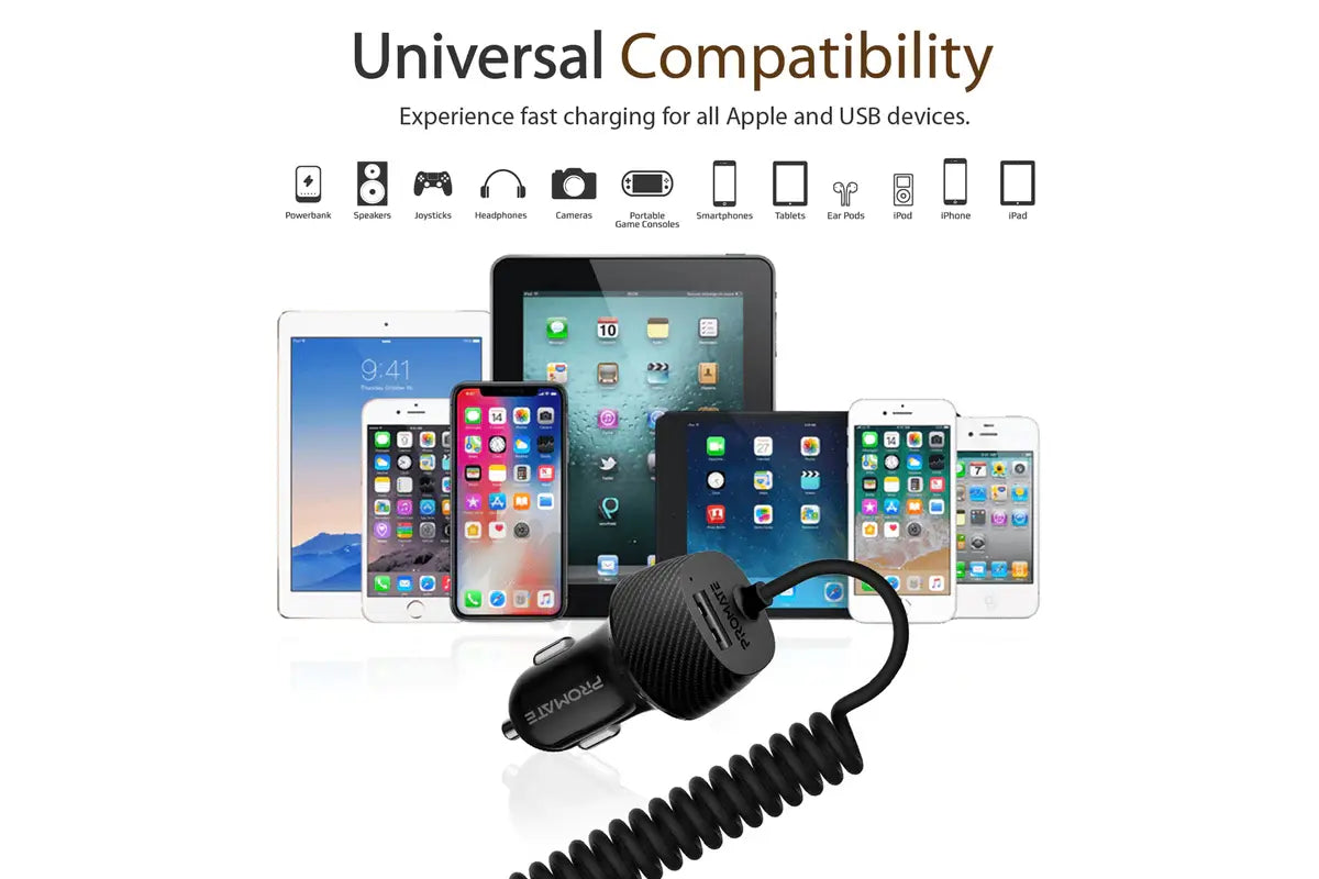 Promate 3.4A Car Charger with Lightning Coiled Cable
