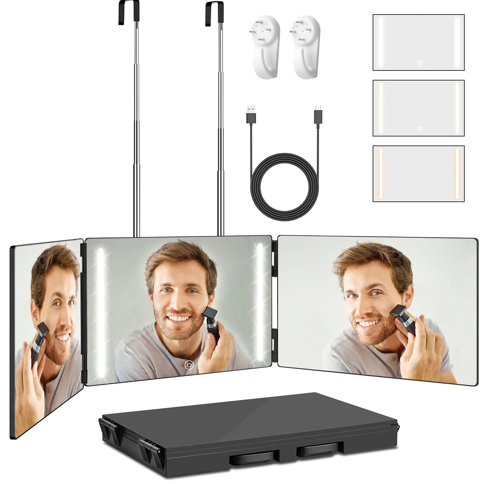 Cosmetic 3 Way Trifold Mirror 360° LED Lights USB Rechargeable & Adjustable-2