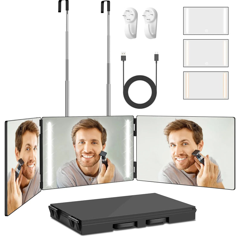 Cosmetic 3 Way Trifold Mirror 360° LED Lights USB Rechargeable & Adjustable-2