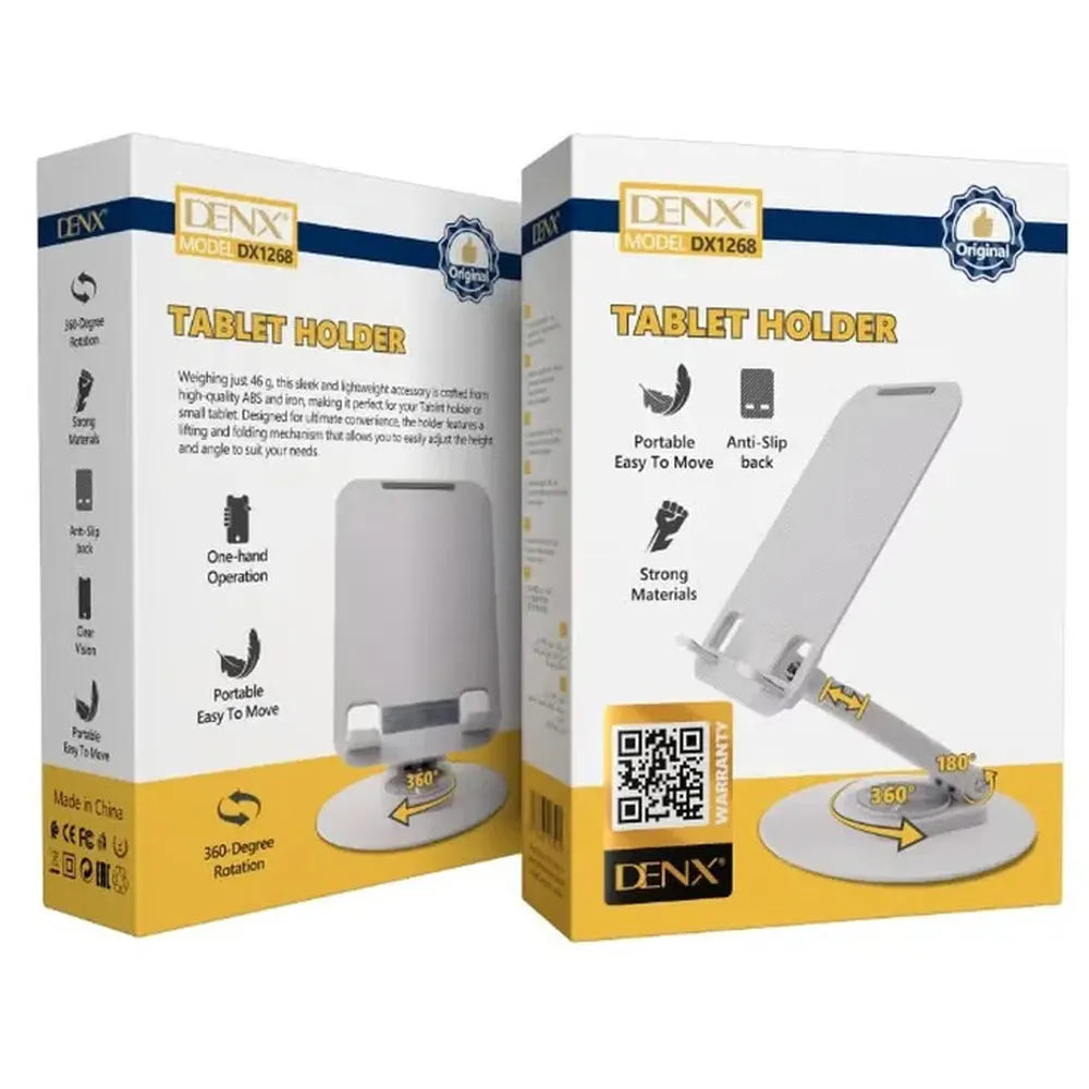 DENX Desktop Tablet & Phone Holder - Model DX1268, 360° Rotating Base, 180° Adjustable Angle, Foldable & Portable Design - Grey/Silver.