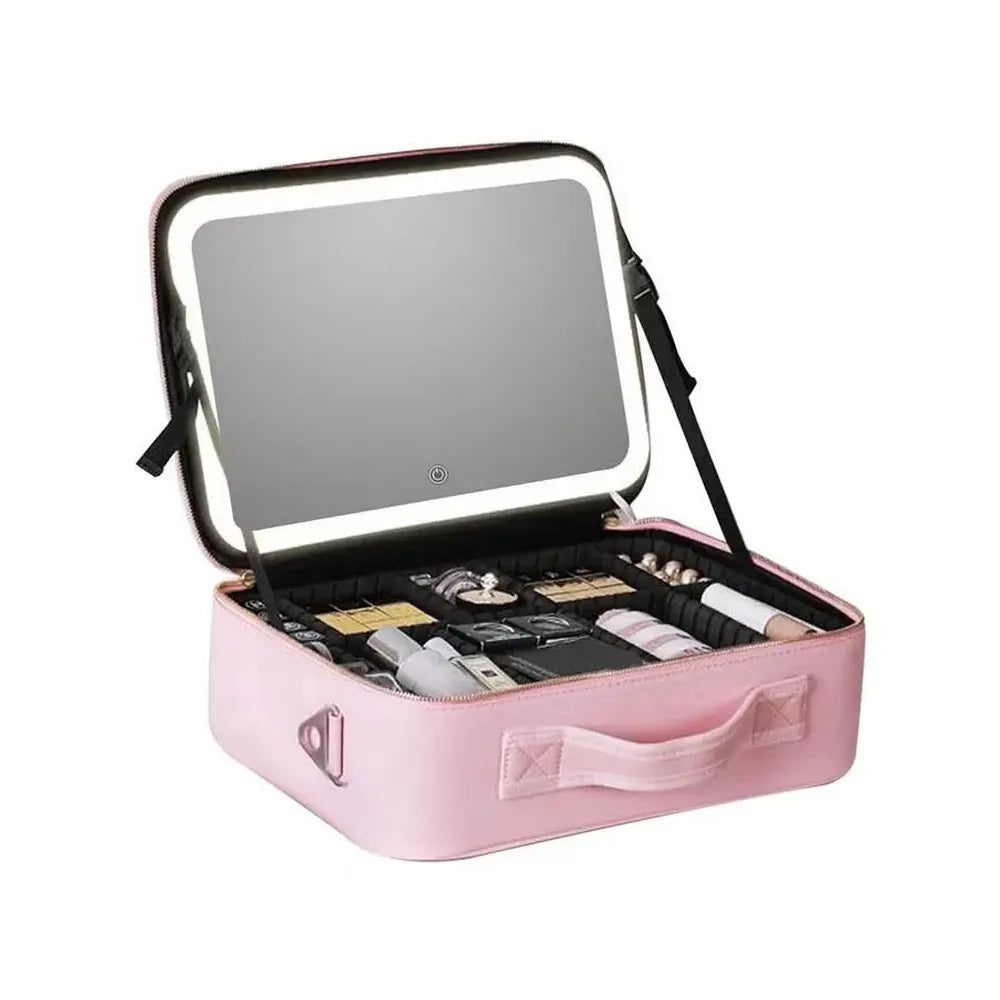 Smart LED Cosmetic Case with Mirror Travel Makeup Bag USB Rechargeable 2000mAh Battery - Pink Size 39 cm