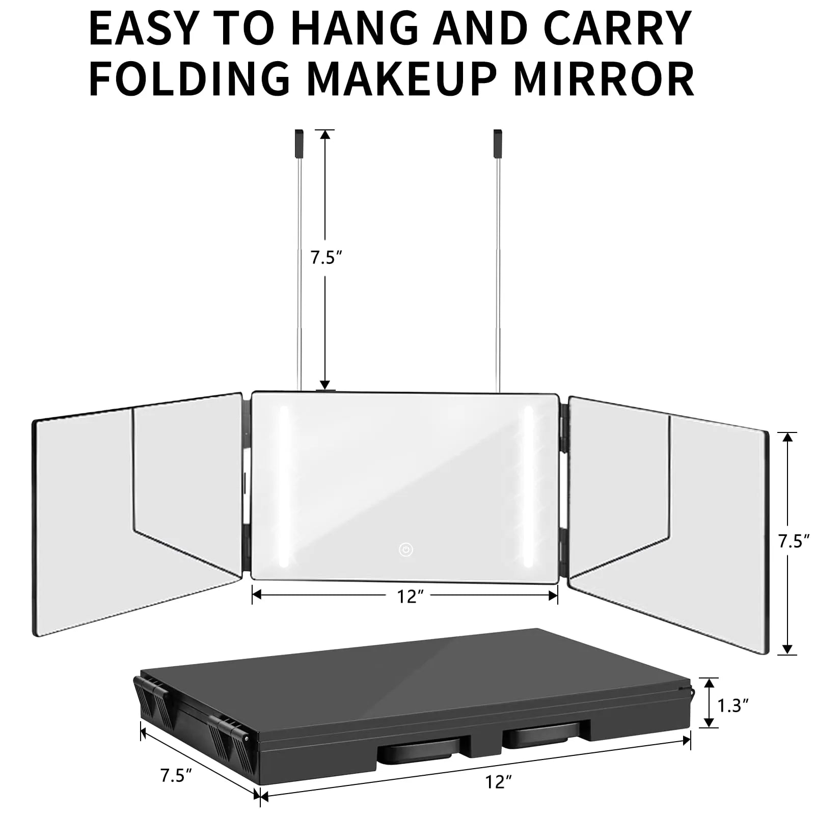 Cosmetic 3 Way Trifold Mirror 360° LED Lights USB Rechargeable & Adjustable-4
