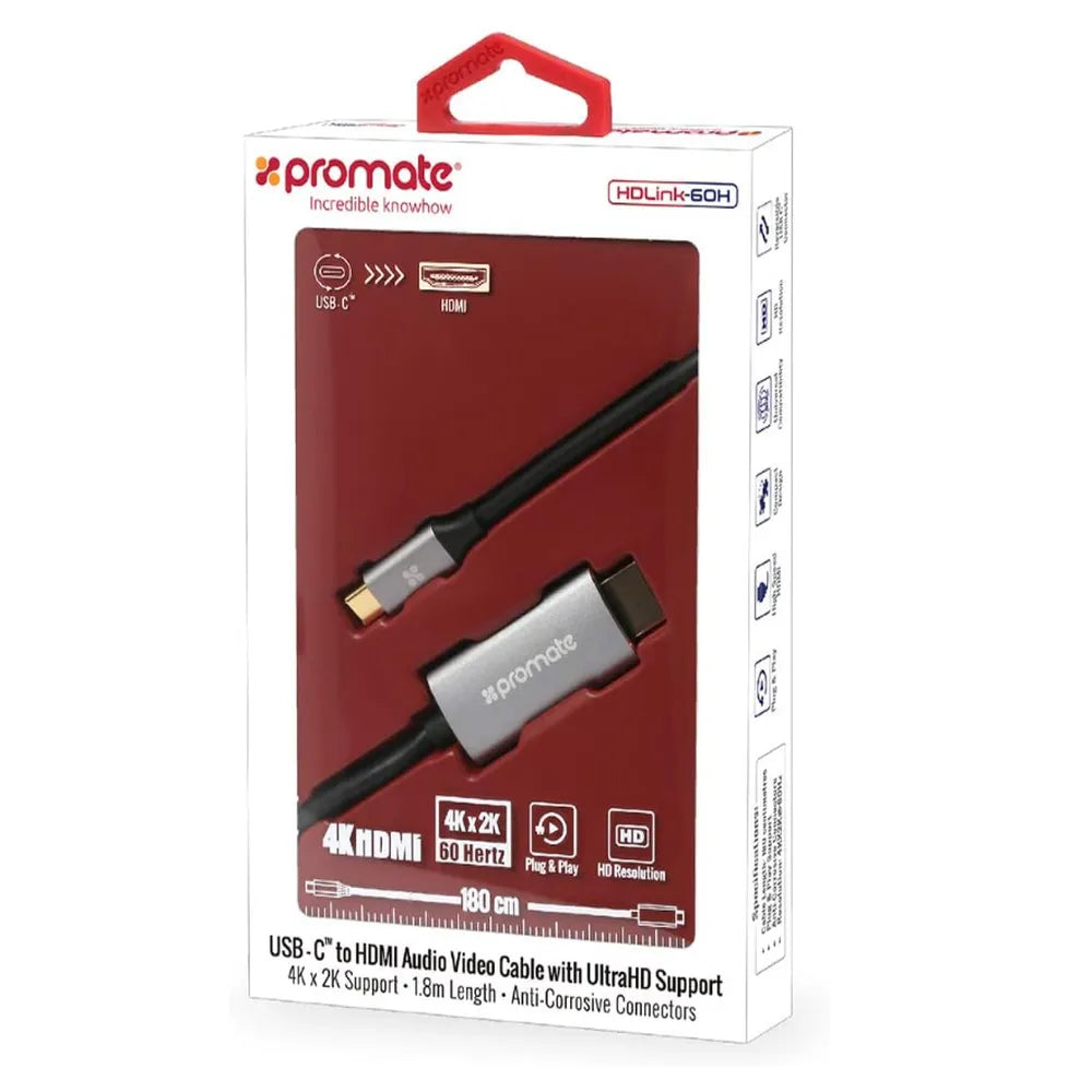 Promate USB-C to HDMI Cable 4K x 2K (60Hz) 1.8M – Grey