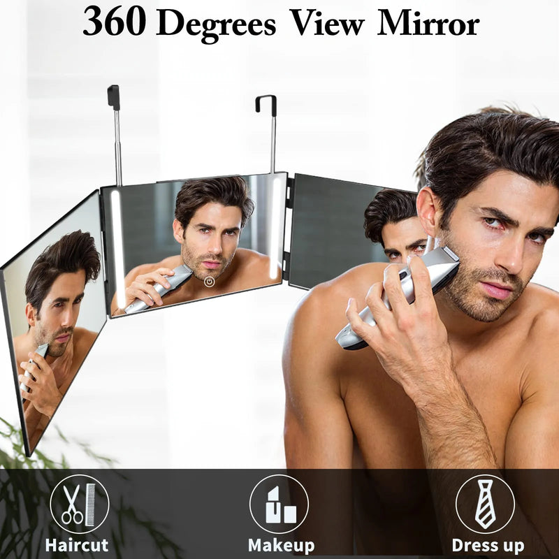 Cosmetic 3 Way Trifold Mirror 360° LED Lights USB Rechargeable & Adjustable-5