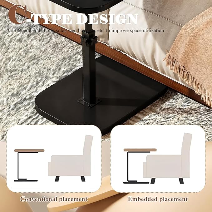 Adjustable Foldable Sofa Side Table Rotating Desktop Height - Black-5