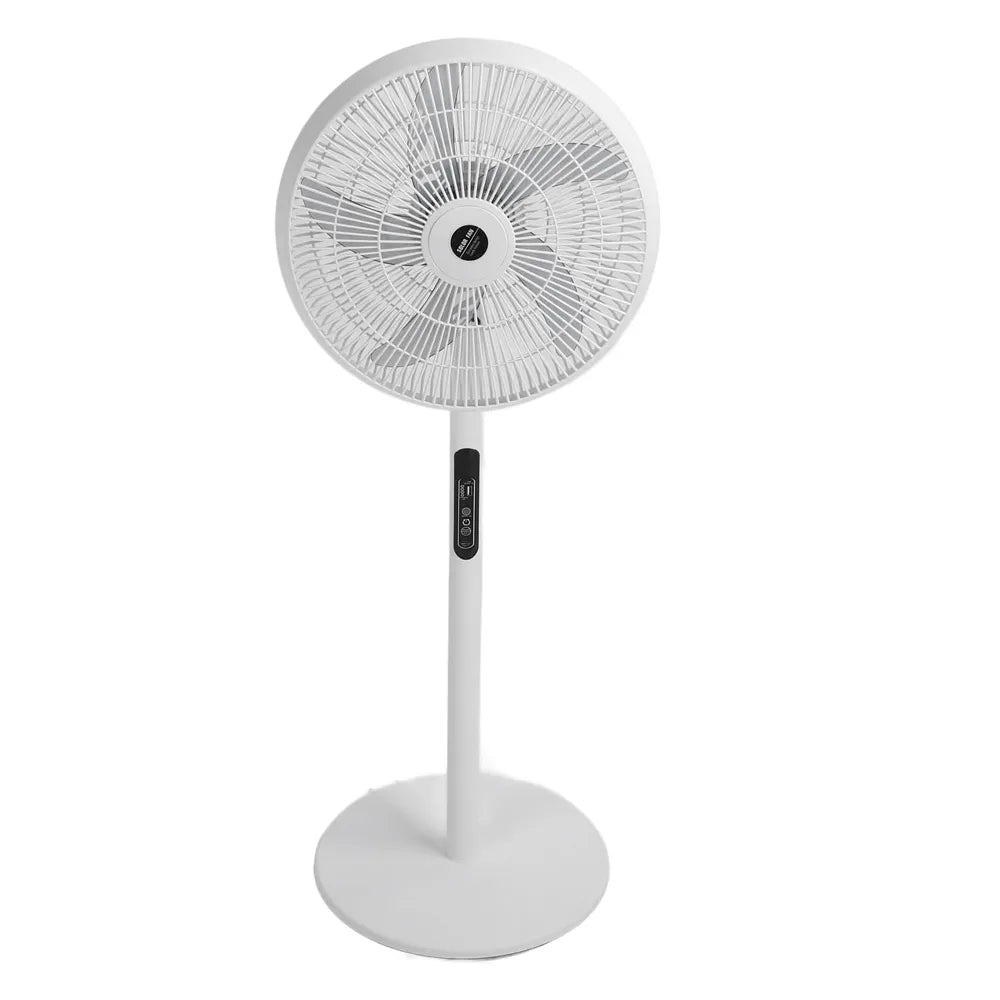 Solar Rechargeable Floor Fan 25W with Copper Motor, Remote Control, 3-in-1 Charging, USB Output White
