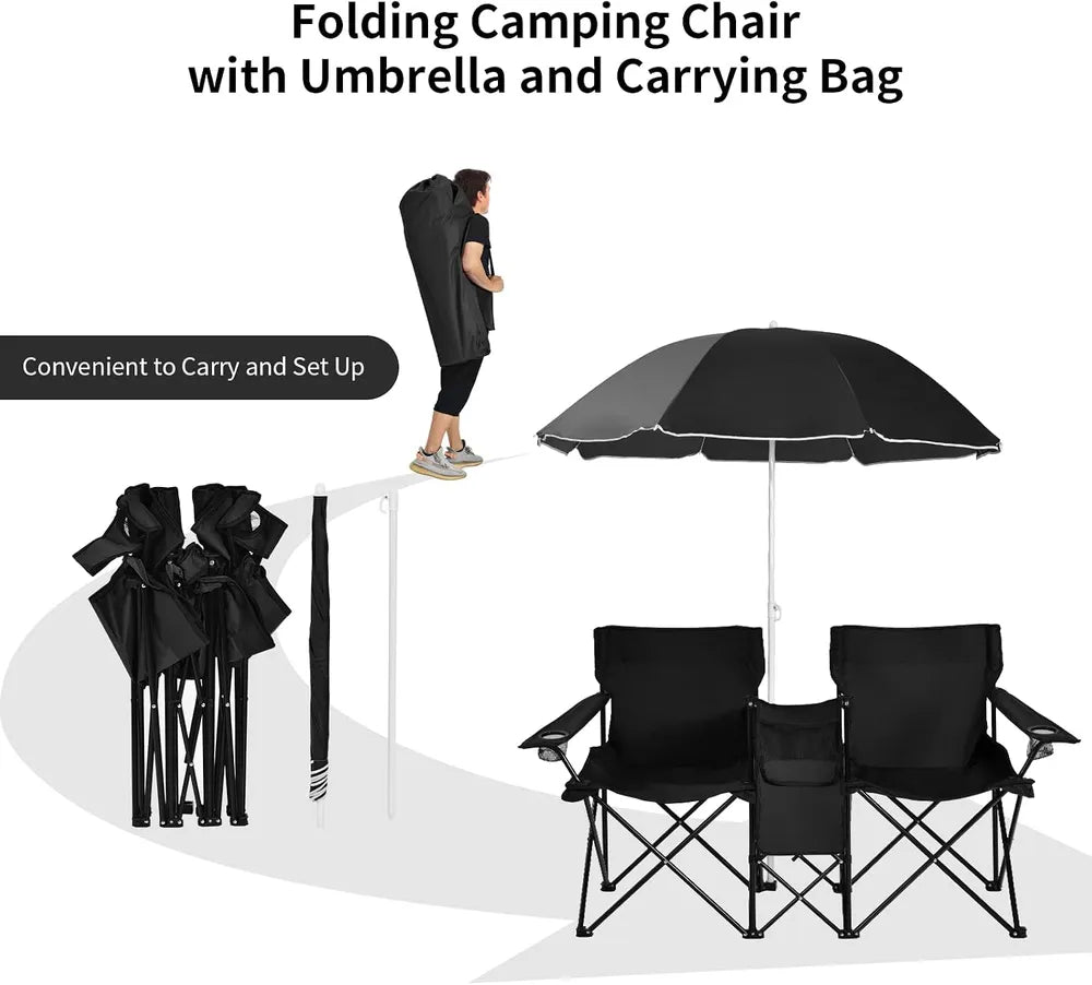 Double Folding Picnic Chairs – Portable 2-Seat Camping Chair with Adjustable Umbrella, Cooler Bag & Beverage Holders Color Black