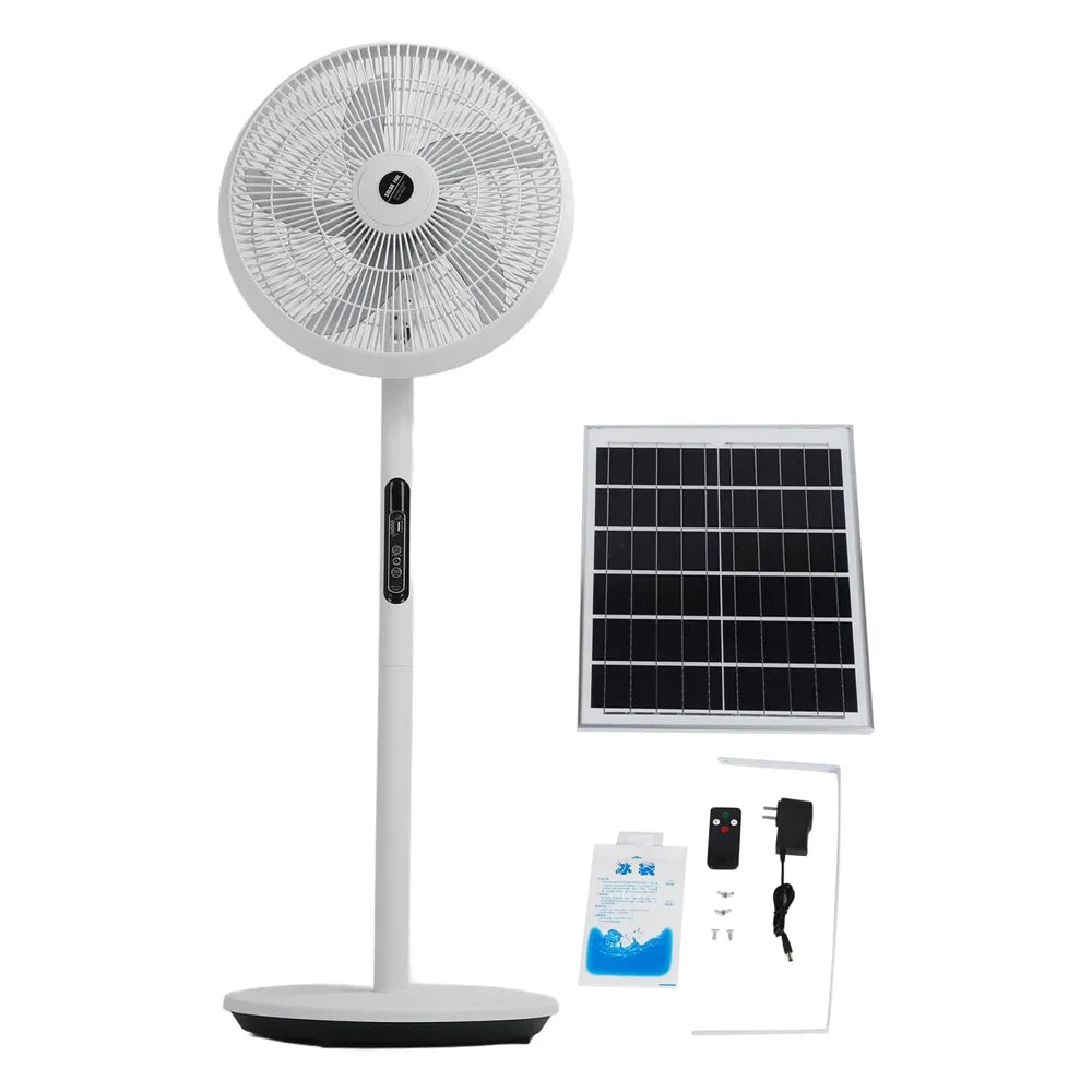 Solar Rechargeable Floor Fan 25W with Copper Motor, Remote Control, 3-in-1 Charging, USB Output White