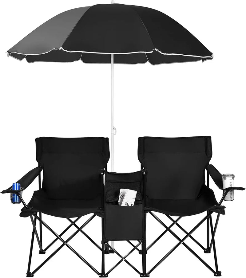 Double Folding Picnic Chairs – Portable 2-Seat Camping Chair with Adjustable Umbrella, Cooler Bag & Beverage Holders Color Black-1