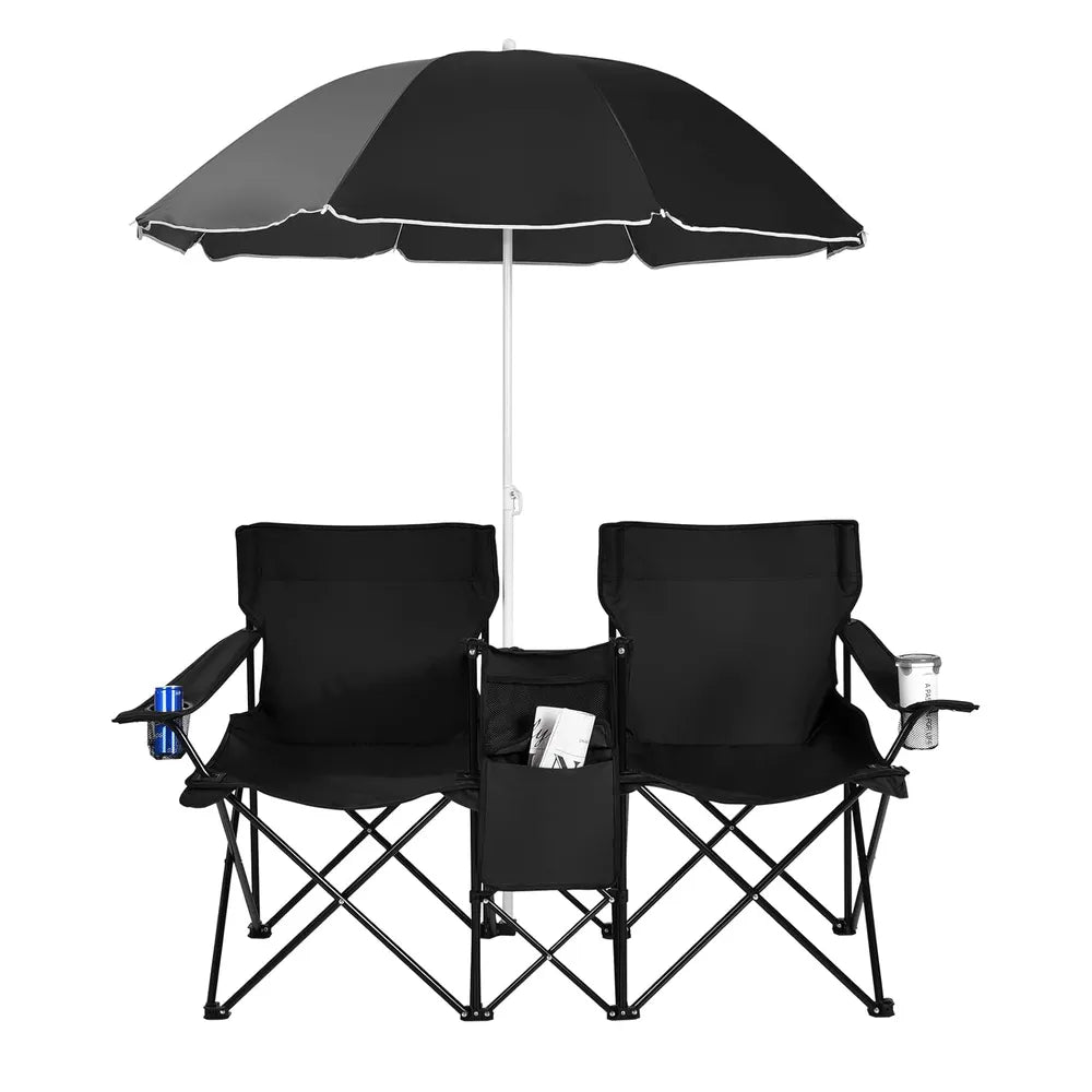 Double Folding Picnic Chairs – Portable 2-Seat Camping Chair with Adjustable Umbrella, Cooler Bag & Beverage Holders Color Black