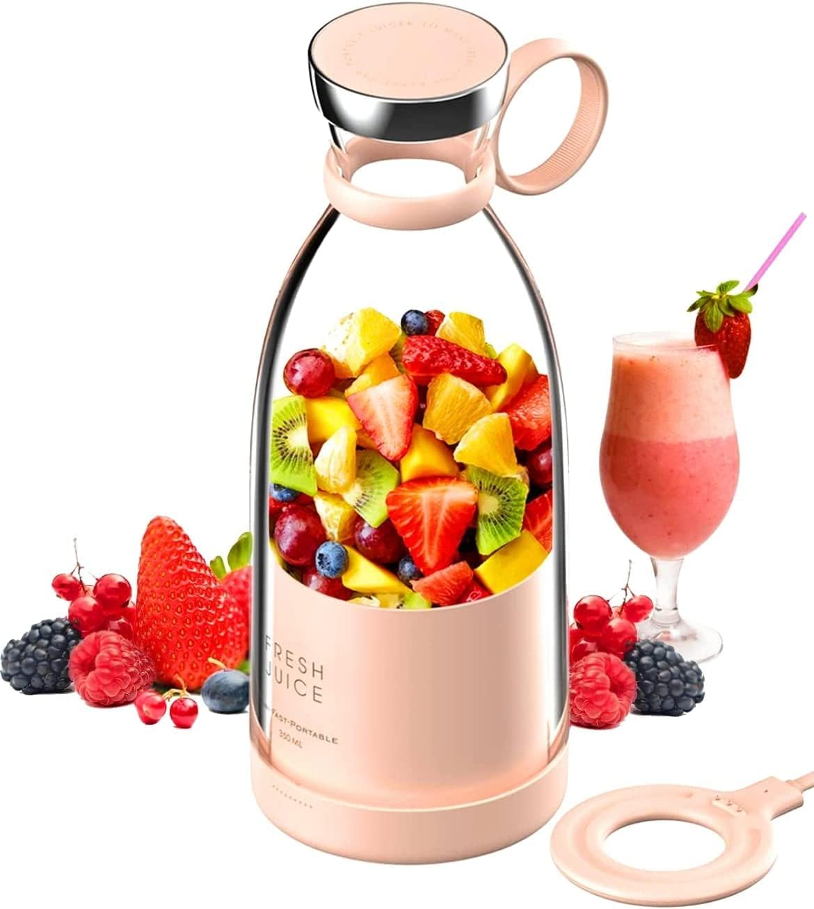 Portable 4 Blades Rechargeable Glass Blender 350ml 1400mAh Battery USB Rechargeable - Pink