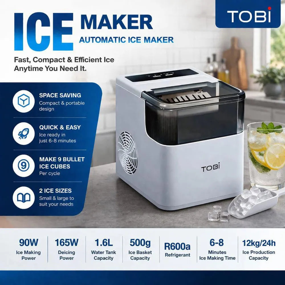 Tobi Ice Maker Machine with 1.6L Tank & 12kg ice per day