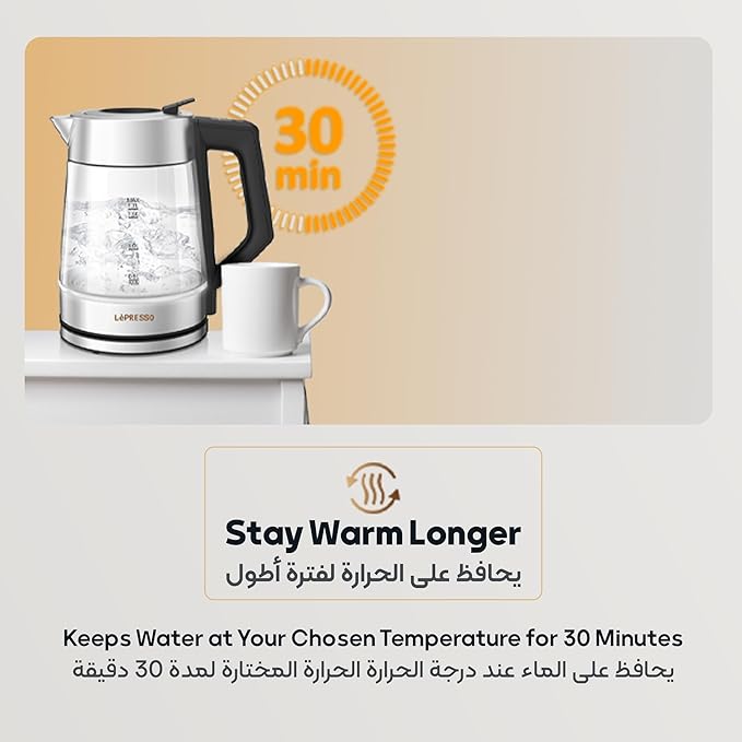 غلاية كهربائية من ليبريسو مع التحكم في درجة الحرارة، سعة كبيرة 1.8 لتر مع إيقاف تشغيل تلقائي وحماية ضد الغليان الجاف، غلاية شاي زجاجية وغلاية مياه ساخنة، قاعدة دوارة 360 درجة، خالية من مادة BPA، ستانلس ستيل