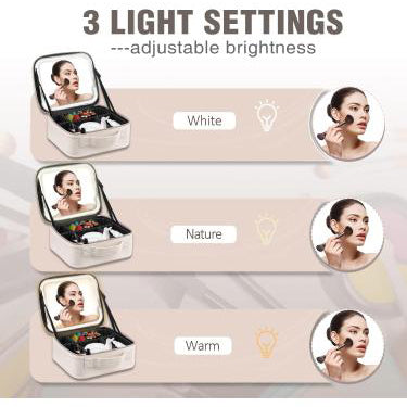 Smart LED Cosmetic Case with Mirror Travel Makeup Bag USB Rechargeable 2000mAh Battery - White