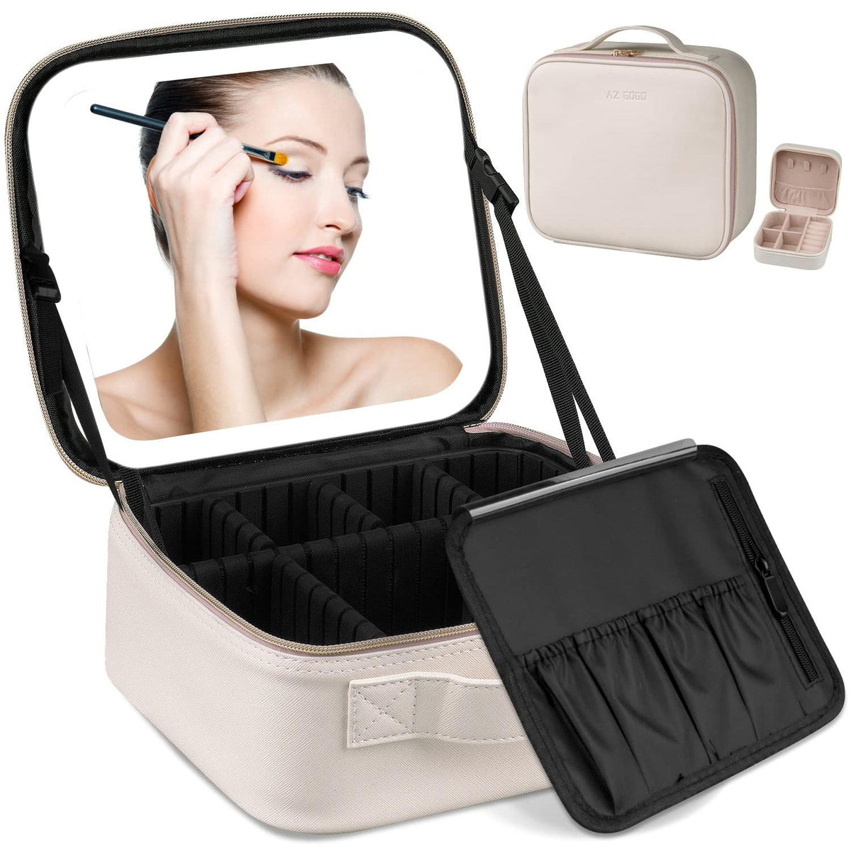 Smart LED Cosmetic Case with Mirror Travel Makeup Bag USB Rechargeable 2000mAh Battery - White