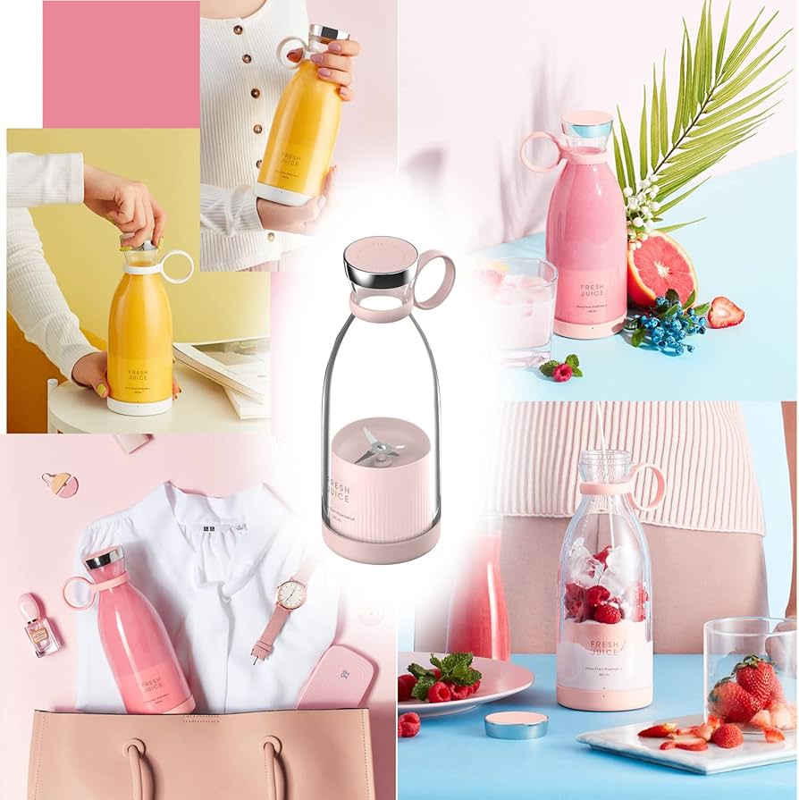 Portable 4 Blades Rechargeable Glass Blender 350ml 1400mAh Battery USB Rechargeable - Pink