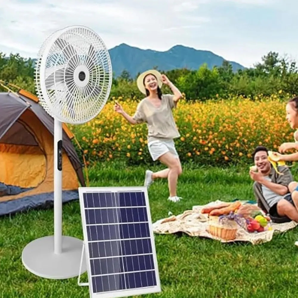 Solar Rechargeable Floor Fan 25W with Copper Motor, Remote Control, 3-in-1 Charging, USB Output White