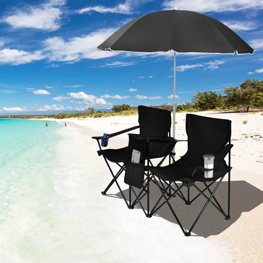 Double Folding Picnic Chairs – Portable 2-Seat Camping Chair with Adjustable Umbrella, Cooler Bag & Beverage Holders Color Black