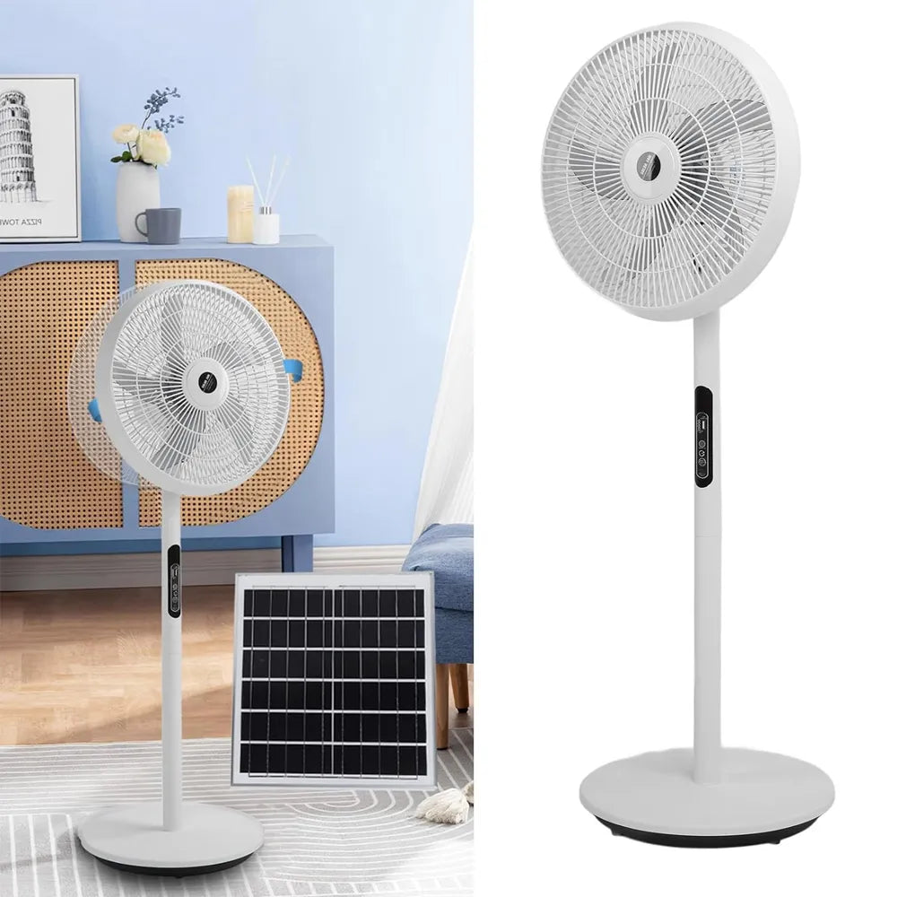 Solar Rechargeable Floor Fan 25W with Copper Motor, Remote Control, 3-in-1 Charging, USB Output White