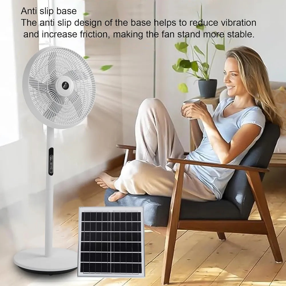 Solar Rechargeable Floor Fan 25W with Copper Motor, Remote Control, 3-in-1 Charging, USB Output White