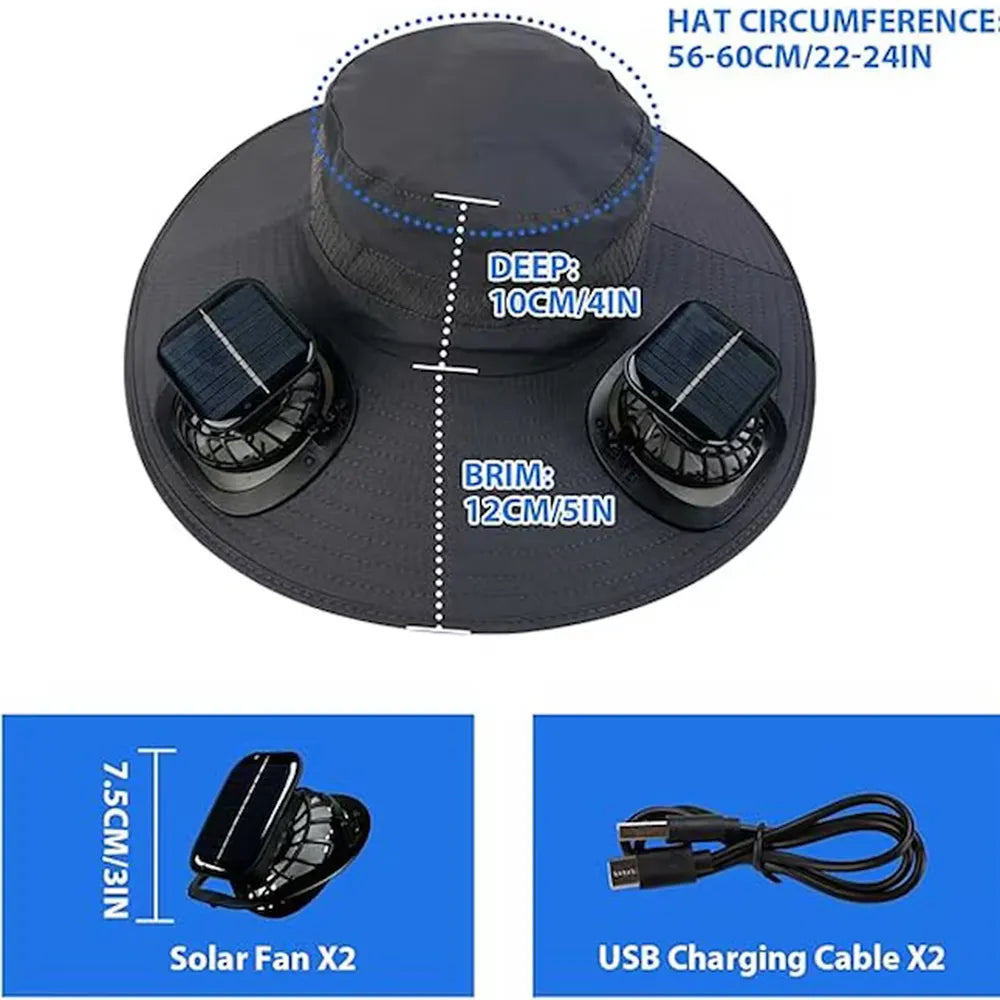 Solar Fan Hat Wide Brim Sun Hat with 2 Solar Fans Built in Fishing Hat, Waterproof & Outdoor Hiking Camping Hat Grey
