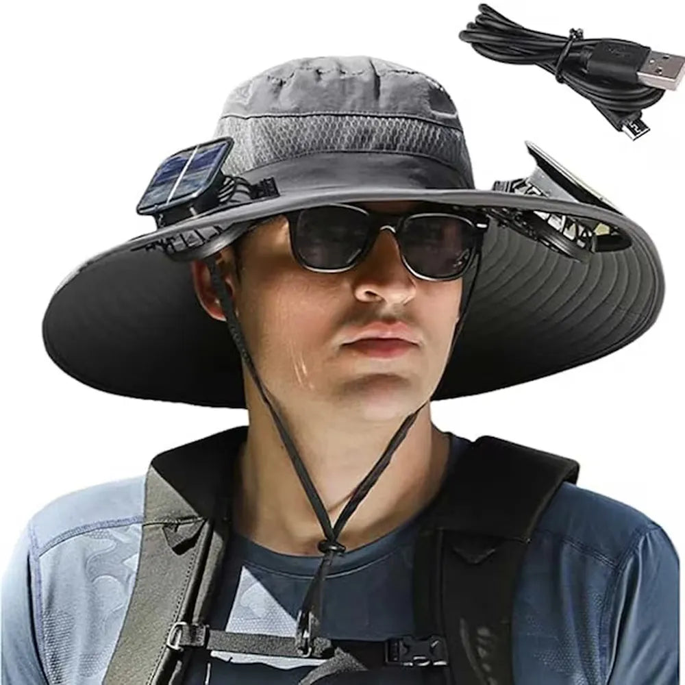 Solar Fan Hat Wide Brim Sun Hat with 2 Solar Fans Built in Fishing Hat, Waterproof & Outdoor Hiking Camping Hat Grey