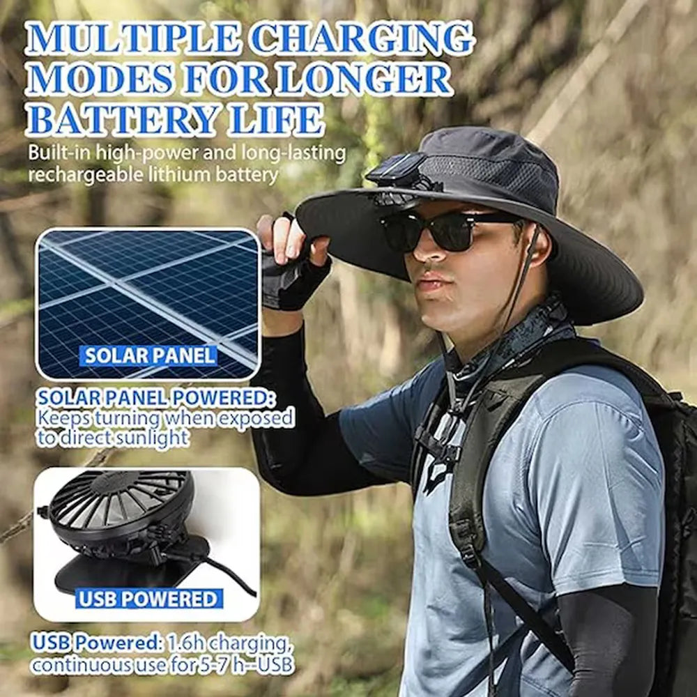Solar Fan Hat Wide Brim Sun Hat with 2 Solar Fans Built in Fishing Hat, Waterproof & Outdoor Hiking Camping Hat Grey