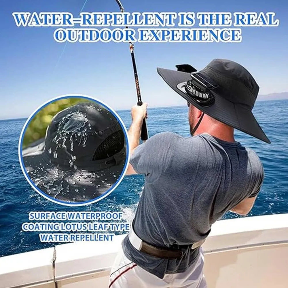 Solar Fan Hat Wide Brim Sun Hat with 2 Solar Fans Built in Fishing Hat, Waterproof & Outdoor Hiking Camping Hat Grey