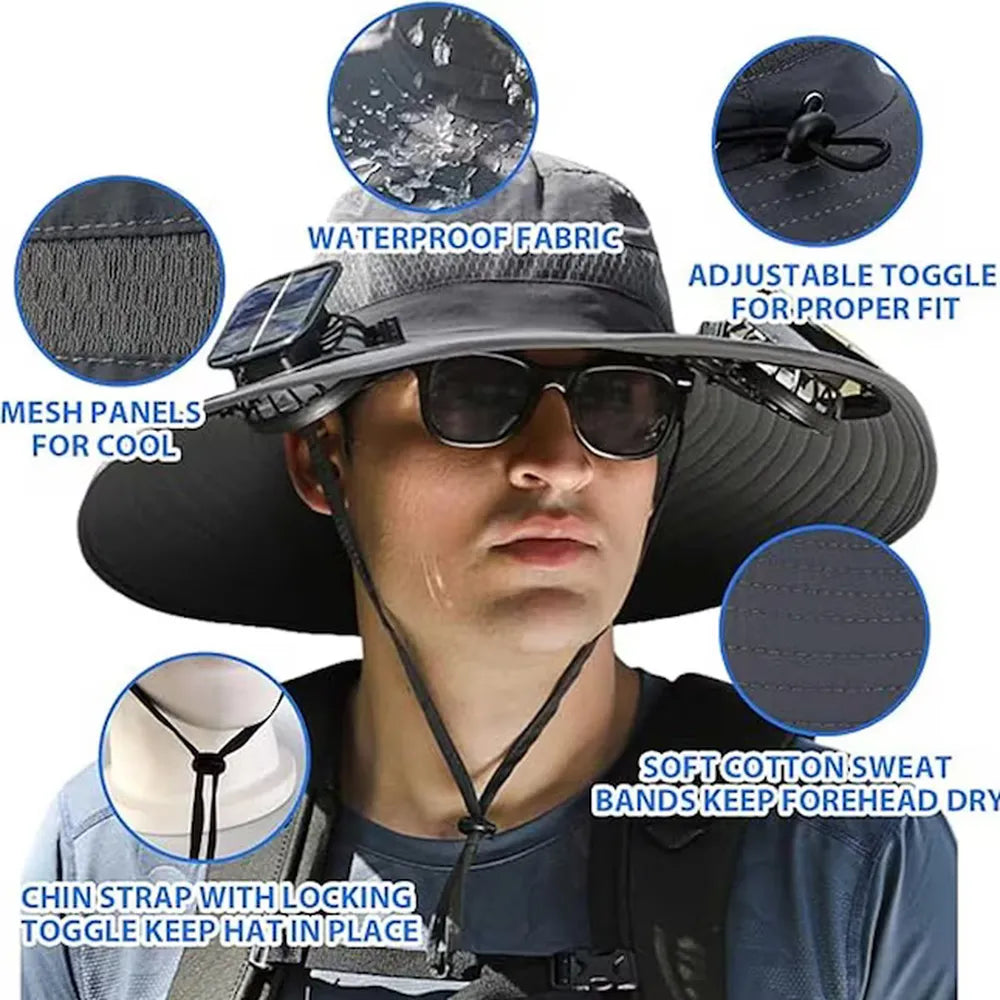 Solar Fan Hat Wide Brim Sun Hat with 2 Solar Fans Built in Fishing Hat, Waterproof & Outdoor Hiking Camping Hat Grey